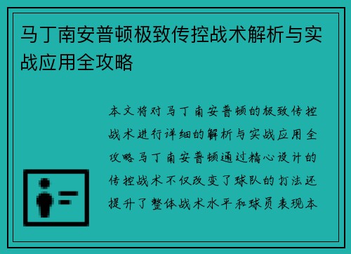 马丁南安普顿极致传控战术解析与实战应用全攻略