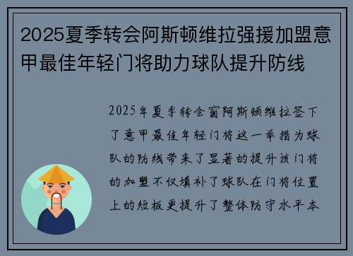 2025夏季转会阿斯顿维拉强援加盟意甲最佳年轻门将助力球队提升防线